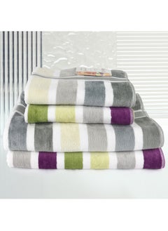 Buy 4 Piece Bathroom Towel Set JEWELS 500 GSM 100% Cotton Velour 2 Bath Towel 70X140 cm & 2 Hand Towel 50x90 cm Assorted Color Modern Stripe Design Luxury Touch Extra Absorbent in UAE