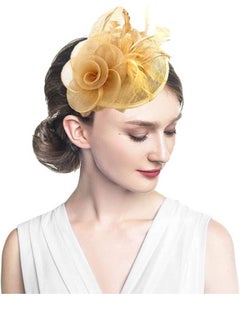 اشتري Feather Fascinators Hat Ladies Fascinator Wedding Ha Flower Feather Mesh Veil Party Hat Flower Headband Clip Mesh Cocktail Headdress Tea Party Wedding for Women and Girls Yellow في السعودية