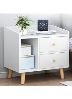 اشتري Bedside Table, Bedside Table Nordic with Storage Wood Nightstand with 2 Drawer Cabinet Organizer Small Console Table with Legs Side Table for Bedroom, Living Room, Easy Pull Handle(White) في السعودية