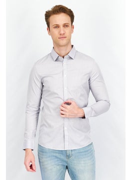 Buy Men Slim Fit Diamond Pattern Long Sleeves Casual Shirt, Light Grey in UAE