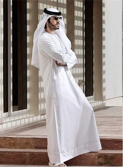 Buy Men's Round Neck Long Sleeve Solid Saudi Arabian Muslin Robe Islamic Dubai Thobe Button Up Kaftan With Pockets Long Gown Casual Shirt With Headscarf in UAE
