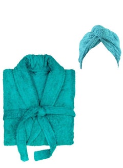 Buy Shawl Collar Bathrobe With Hair Towel Wrap Teal in UAE