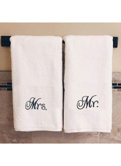 Buy Iris Embroidered For You Bath Towel 70x140 Cm 600 Gsm White premium Cotton Mrs. & Mr. Black Thread-Set of 2 in UAE