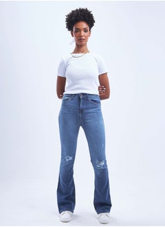 Buy High-Waist Medium Washed Distressed Flared Jeans. in Saudi Arabia