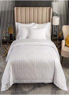 Buy 4 Piece White Striped Single Bed Duvet Cover Set - Hotel Quality Bedding includes 1 Fitted Sheet, 1 Duvet Cover, and 2 Pillowcases for Hotel-Style Comfort in UAE