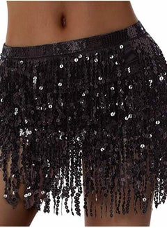 اشتري Sequin Fringe Waist Chain Skirt Sparkly Belly Dance Tassel Waist Wrap Belt Skirts Party Rave Costume Black في الامارات