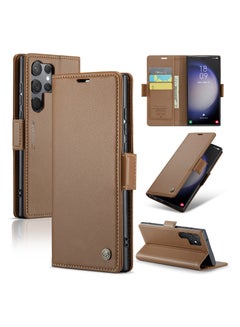 Buy Flip Wallet Case For Samsung Galaxy S23 Ultra, [RFID Blocking] PU Leather Wallet Flip Folio Case with Card Holder Kickstand Shockproof Phone Cover (Brown) in UAE