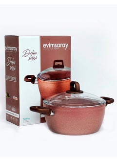 Buy Evimsaray Defne Series Non Stick Granite Deep Pot 26 Centimeter Rose/Brown Color in UAE