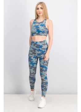 Buy Women 2 Pieces Sleeveless Padded Top and Leggings Set, Camo Blue in Saudi Arabia