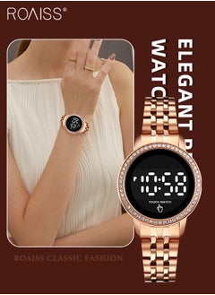 Buy Women's Digital Touch Screen Watch Led Display Round Dial with Rhinestones Decorated Bezel Waterproof Luminous Stainless Steel Strap Wristwatch with Calendar Display, Rose Gold in UAE