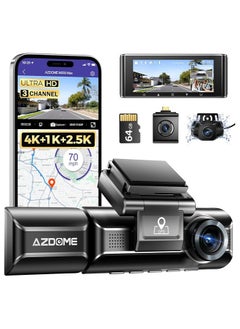 Buy AZDOME M550 Max 4K 3 Channel Dash Cam, 4K+1080P+2.5K Front and Rear Inside Built-in WiFi GPS, 64GB Card Included, Triple Car Camera with 3.19" Screen, IR Night Vision, WDR, 24H Parking Mode in Saudi Arabia