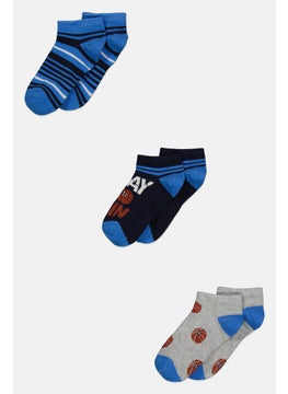 Buy Kids Boy 3 Pair Knitted Ankle Socks, Grey/Blue Combo in UAE