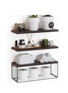 Buy 3-Piece Rustic Wood Wall Mounted Floating Shelves with Paper Storage Basket for Bathroom, Bedroom, Living Room, Kitchen in UAE