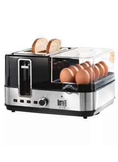 Buy Breakfast Maker with 2 Slice Toaster and 7 Browning Setting, 10 Unit Egg Boiling Rack with 2 Pcs Omelette and Egg Poacher Tray, Crumb Tray, Non-Stick Coated Plates with Indicator Lights 1400W in UAE