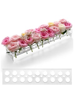 Buy Acrylic Flower Vase Rectangular 18 in Long Leak-Proof Clear Acrylic Low Vase with 18+8 Holes - Rectangle Floral Centerpiece for Table - Clear in UAE