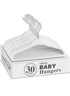 Buy 30 Piece White Baby Velvet Coat Hanger  (28cm / 11 Inch) Nursery Clothes Hangers Non Slip Toddler Hangers, 360 Chrome Swivel Hook in UAE