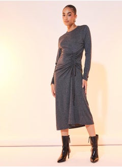 Buy Solid Ruched Long Sleeve Midi Dress in Saudi Arabia