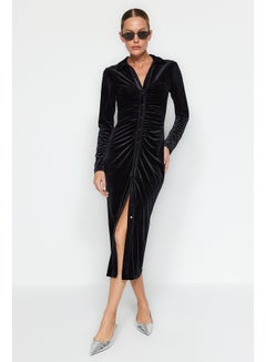 Buy Black Velvet Fitted/Simple Polo Neck Midi Knitted Dress TWOAW24EL00529 in Egypt