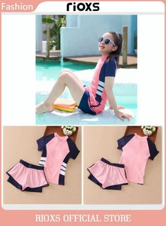 Buy Girls Two-Piece Swimsuit Rash Guard Short Sleeve Swimsuit Kids Swimwear Water Sports Sun Protection Bathing Suits With Skirts in Saudi Arabia