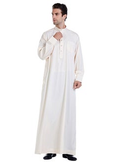 Buy Mens Solid Color Muslim Clothing Long Sleeve Kaftan Robe With Pockets And Button Islamic Arabic Abaya Clothes Beige in UAE