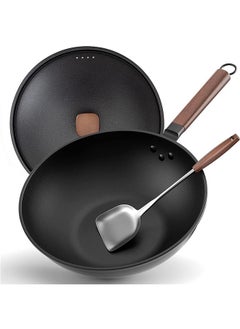 Buy Carbon Steel Wok, 30cm Wok Pan with Lid and Spatula, Nonstick Woks and Stir-fry Pans, No Chemical Coated Flat Bottom Chinese Wok for Induction, Electric, Gas, All Stoves in UAE