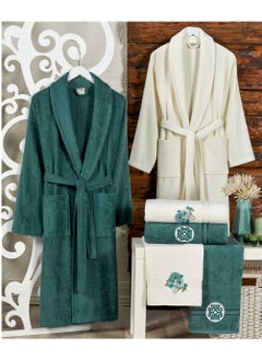 Buy 6-Piece Turkish Velour Cotton Couple Bathrobe Set with Matching Bath Towels and Hand Towels Dark Green/Ivory in UAE