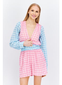 Buy Women Gingham Pattern Playsuit Beachwear, Pink/Blue Combo in UAE