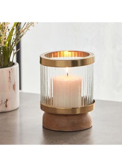 Buy Liv Glass Metal Candleholder With Wooden Base 11x15x11 cm in Saudi Arabia