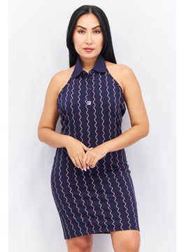 Buy Women Halter Neck Textured Mini Casual Dress, Navy Blue/Red in UAE