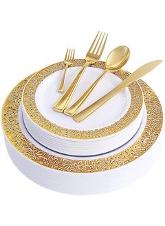 اشتري Pcs/set Gold Party Disposable Plastic Cutlery Set, Party Supplies Plate, Cup, Spoon, Cutlery 25Guest في الامارات