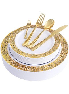 Buy Pcs/set Gold Party Disposable Plastic Cutlery Set, Party Supplies Plate, Cup, Spoon, Cutlery 25Guest in UAE