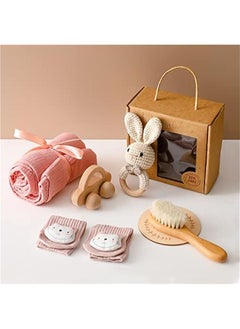 اشتري New Born Baby Gift Basket, Baby Boys Girls Shower Gifts with Wooden Rabbit Rattles, 6PCs New Born Essentials Bath Set with Baby Brush,Blanket,Milestones Cards في السعودية