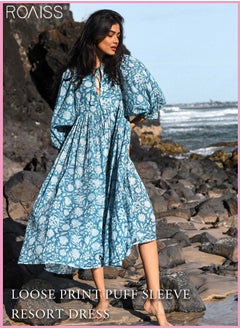 اشتري Women's Casual Loose Printed Dress 1/2 Bubble Sleeve Design V-Neck Buckle Vacation Dress High Waistline Design, Large Hem, Fashionable Dress في السعودية