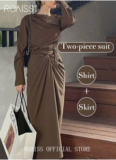 Buy 2Pcs Ladies Long Sleeve Dress Pleated Button Top + Retro Kink Tie Skirt Set Solid Color Elegant and Generous  for Ladies Ramadan Eid al-Adha in UAE