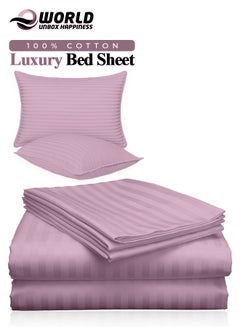 Buy 3 Piece Luxury Pink Striped Bed Sheet Set with 1 Flat Sheet and 2 Pillowcases for Hotel and Home Crafted from Ultra Soft and Breathable Cotton for Year-Round Comfort, (Single/Double) in UAE