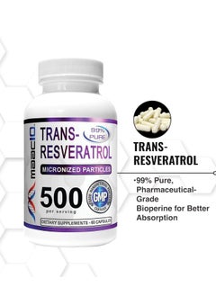 Buy Trans Resveratrol 500Mg Supplement Micronized Pharmaceutical Grade 99% Pure Transresveratrol Extract + Bioperine For Superior Absorption 2X 250Mg Capsules 60Ct in UAE