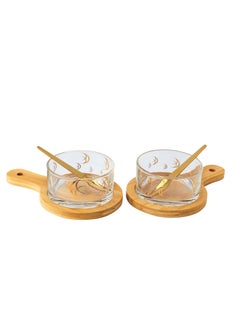 Buy 6 pcs Dessert set- 2 Bowl 2 wooden trays and 2 stainless steel spoon in UAE