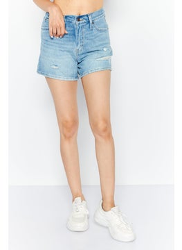 Buy Women Washed Ribbed Denim Short, Light Blue in UAE