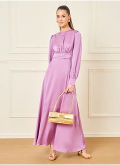 اشتري Satin Gathered High Neck Long Sleeve A-line Maxi Dress في السعودية