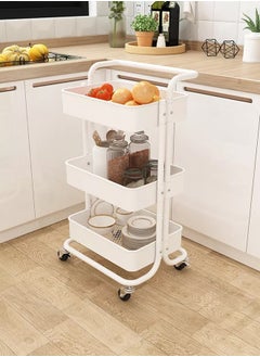 Buy 3-Tier Rotating Storage and Organization Cart with Metal Handle White, Lockable Multi-Purpose Wheeled Storage Cart Organizer in Saudi Arabia