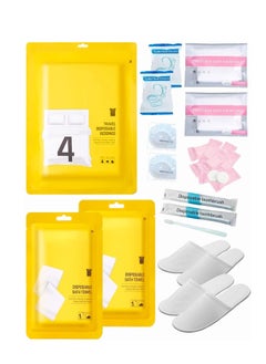 Buy Disposable Travel Set: Bed Sheet×1+Duvet Cover×1+Pillow case×2+Bath Towels×2+Shower Caps×10+Plastic Bathtub Bag×2+Toilet Seat Covers×2+Compression face Towel×8+Toothbrushes×2+Slippers×2 in UAE