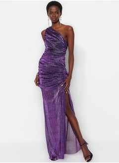 Buy Purple Lined Shiny Knitted Long Evening Dress TPRSS23AE00145 in Egypt