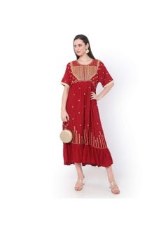 Buy RED SHORT EMBROIDERED VISCOSE ARABIC JALABIYA KAFTAN DRESS in Saudi Arabia