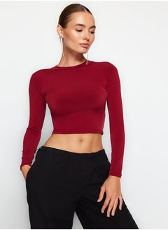 Buy Burgundy High Neck Fitted/Simple Long Sleeve Gathered Elastic Knitted Blouse TWOAW23EL01391 in Egypt