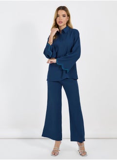 Buy Crepe Texture Embellished Sleeves Hem Longline Shirt & Wide Leg Pants Modest Set in Saudi Arabia