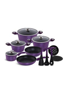 Buy EDENBERG 15-piece Metallic Purple Forged Cookware Set| Stove Top Cooking Pot| Cast Iron Deep Pot| Butter Pot| Chamber Pot with Lid| Deep Frypan in UAE