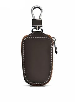 اشتري Genuine Leather Car Key Holder Bag Key Case Wallet Zipper Closure Holder Metal Hook Auto Key Fob Holder Smart Protector General Cover(Brown) في السعودية