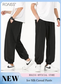 Buy Fashionable Loose Ice Silk Casual Pants For Men'S Daily Commuting High Elastic Elastic Waist Drawstring Design Ankle Tightening Sports Pants in UAE