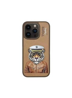 Buy Fergus Tiger Series Leather Phone Case with 3D Rises Letters and Embroidery Design for iPhone 15 Pro Max- Brown in UAE