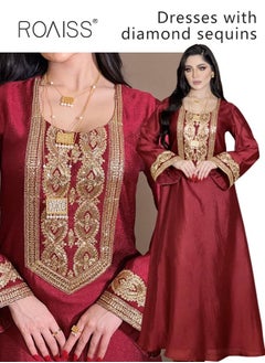 Buy Women Embroidered Robe Maxi Dresses Stylish Abaya Square Collar Dress Middle East Arabic Banquet Wedding Party Dress Women's Festival Clothing Red in UAE